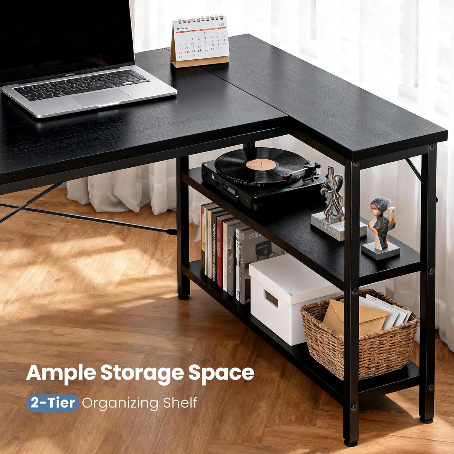L Shaped Desk 39 Inch Computer Desk Gaming Furniture Corner Desks Home Office PC Table with Reversible Storage Shelves for Writing Working Study Bedroom Dorm, Modern Black