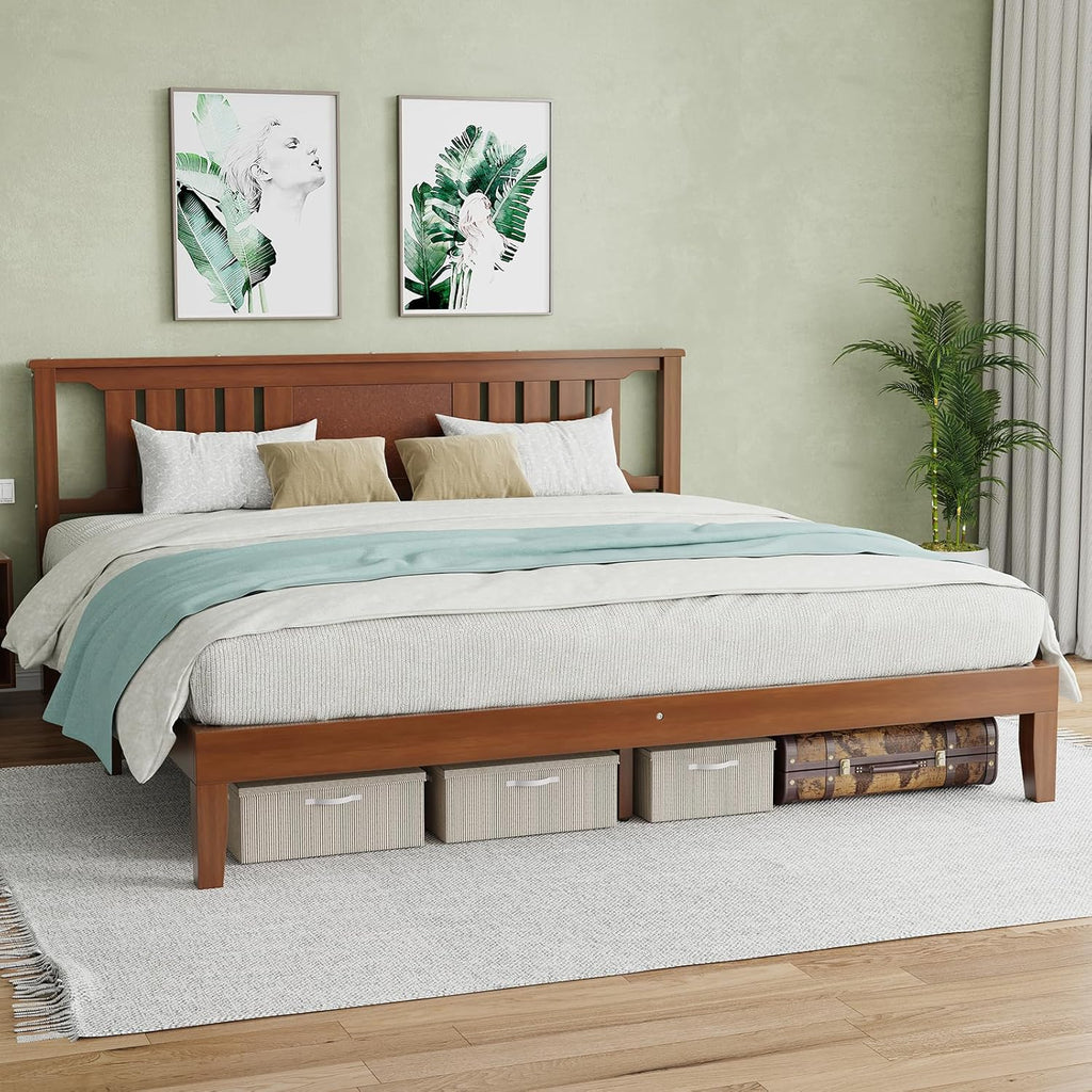 Queen Size Wood Bed Frame with Headboard, Solid Natural Wooden Platform Bed Base, Heavy Duty Slat Support Mattress Foundation, No Box Spring Needed, Low-Profile Design