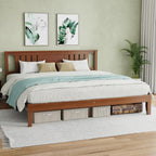 Queen Size Wood Bed Frame with Headboard, Solid Natural Wooden Platform Bed Base, Heavy Duty Slat Support Mattress Foundation, No Box Spring Needed, Low-Profile Design