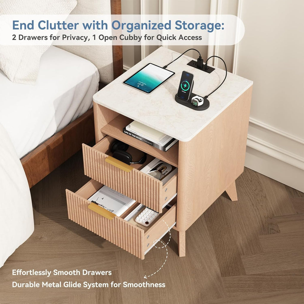 Night Stand with Charging Station, 18 Bedside Table with 2 Drawers, Modern Fluted Wood End Table with 2 AC Outlet 1 USB 1 Type-C, Mid Century Nightstand for Bedroom