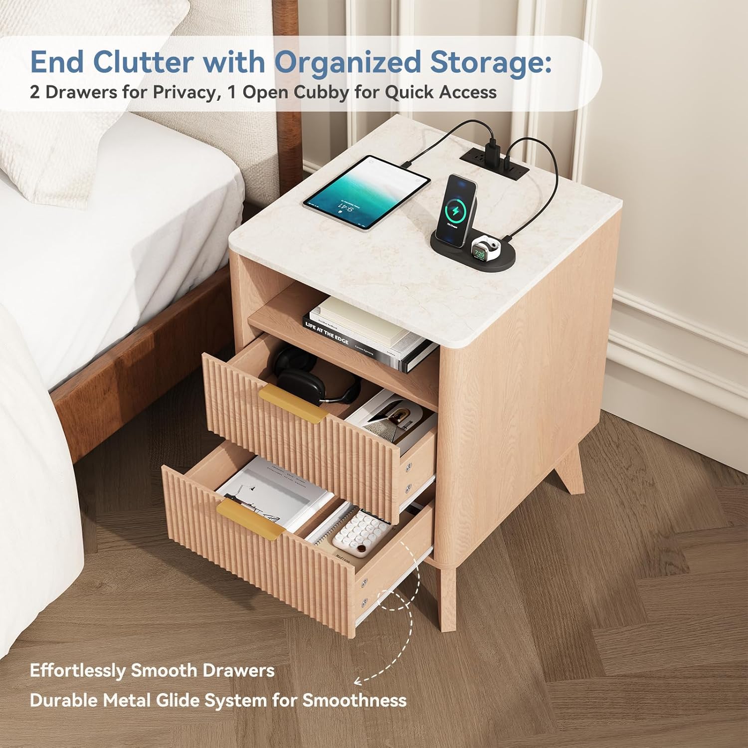 Night Stand with Charging Station, 18 Bedside Table with 2 Drawers, Modern Fluted Wood End Table with 2 AC Outlet 1 USB 1 Type-C, Mid Century Nightstand for Bedroom