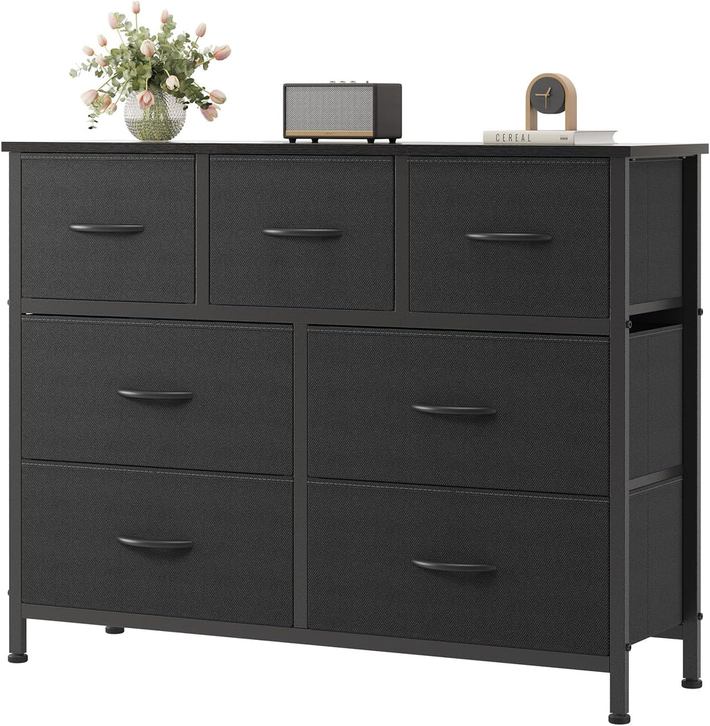 8 Drawer Dresser for Bedroom, Wide Fabric Storage Tower with Wooden Top and Metal Frame, Closet Chest Organizer Furniture, Living Room Hallway, Black