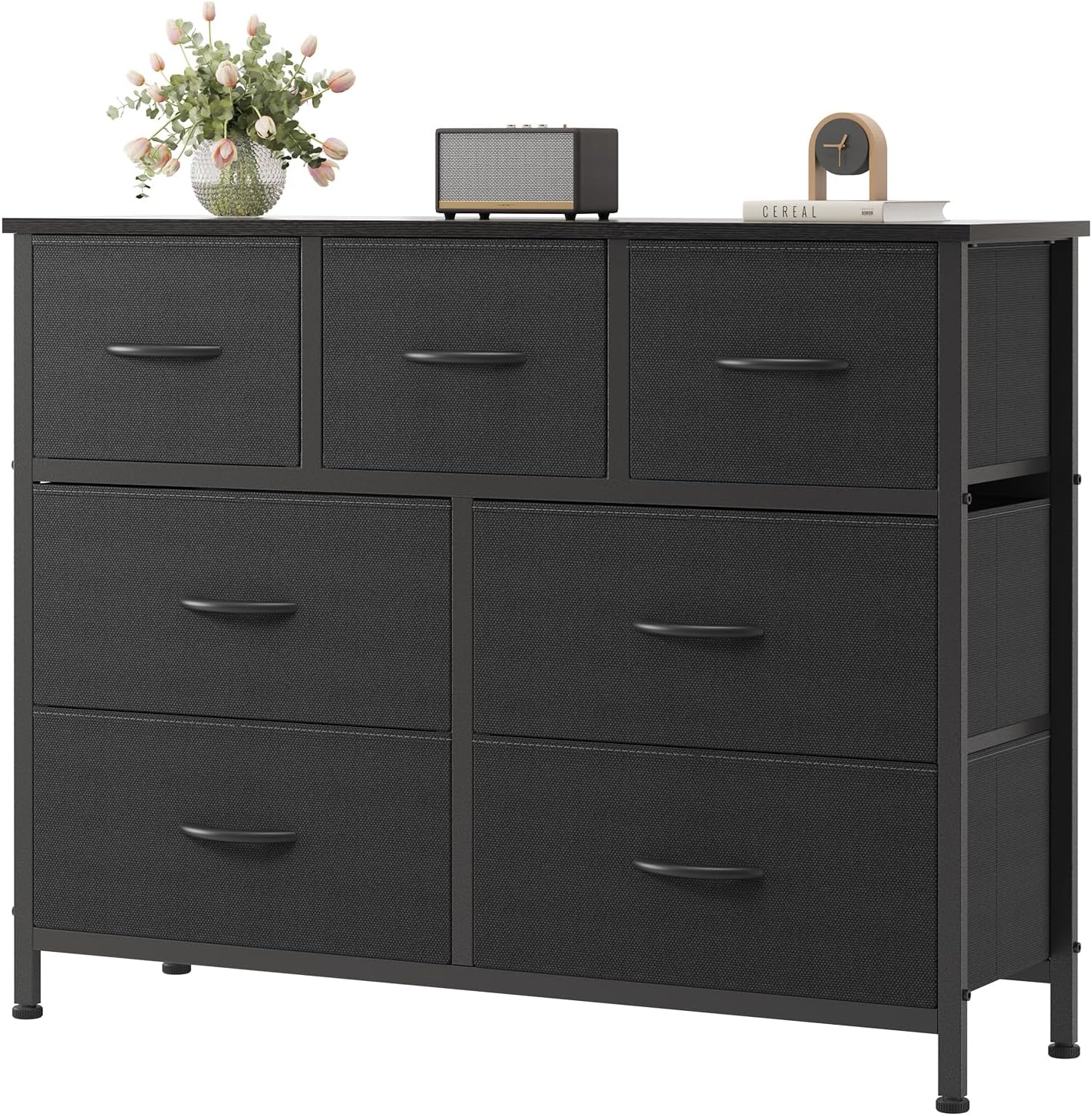 8 Drawer Dresser for Bedroom, Wide Fabric Storage Tower with Wooden Top and Metal Frame, Closet Chest Organizer Furniture, Living Room Hallway, Black