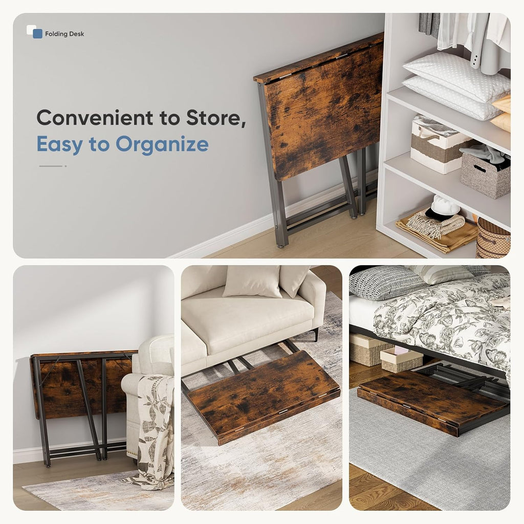 31.5 Inch Folding Desk, Foldable Computer Table for Small Spaces, Metal Frame Gaming Writing Work Station, Mini Home Office Surface, Rustic Brown