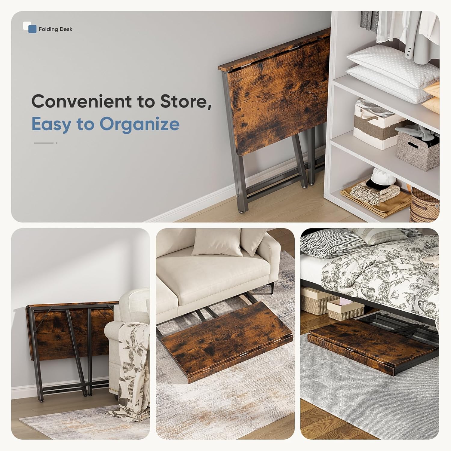 31.5 Inch Folding Desk, Foldable Computer Table for Small Spaces, Metal Frame Gaming Writing Work Station, Mini Home Office Surface, Rustic Brown