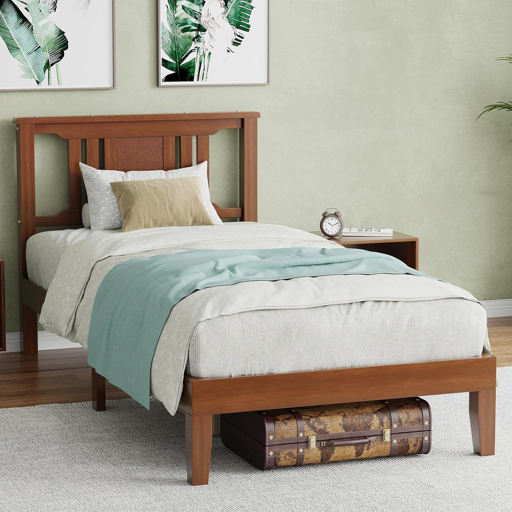 Twin Size Wood Bed Frame with Headboard, Solid Natural Wooden Platform Bed Base, Heavy Duty Slat Support Mattress Foundation, No Box Spring Needed, Low-Profile Design