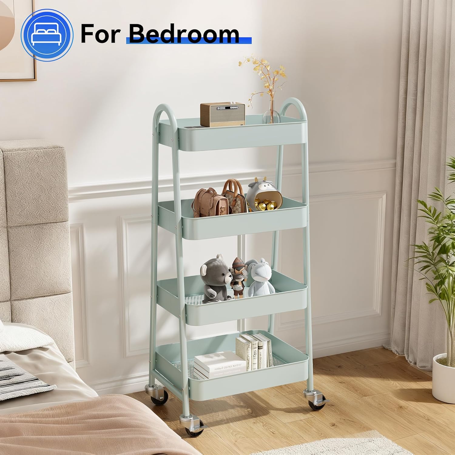 4-Tier Metal Rolling Cart with Lockable Wheels - Mobile Storage Organizer, Utility Shelving Unit for Kitchen, Office, Bathroom, Laundry, Narrow Places, Green