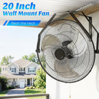 20 Inch Wall Mount Fan, 3400 CFM, 3-Speed High Velocity Fan, Vertical & Horizontal Adjustable Tilt for Industrial, Commercial, Warehouse, Greenhouse, Black