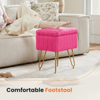 Vanity Stool Chair, Ottoman with Storage, Makeup Cute Soft Small Footstool, Modern Style Faux Fur Seat with 4 Metal Legs & Adjustable Feet for Dressing, Living Room, Bedroom, Dorm, Red