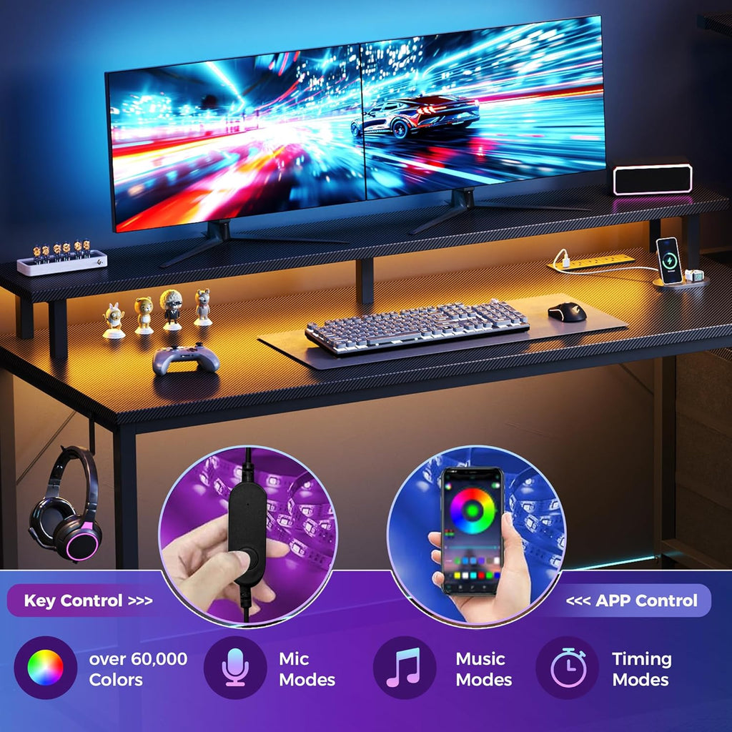 L Shaped Gaming Desk with Shelves Storage Drawers 58'', Black Computer Desks with LED Lights Power Outlets, Office Wood Table with PC Stand Cable Management for Bedroom Dual Monitor Streaming