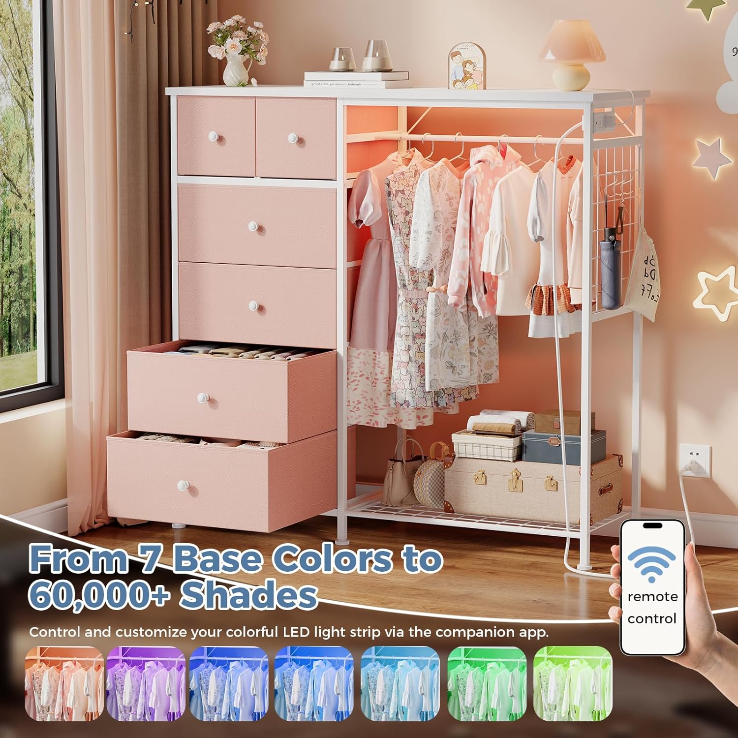 Dresser for Bedroom with Hanging Rack, 6 Drawer Fabric Dresser with Charging Station and LED Lights, Closet Organizer & Storage Tower for Living Room, Entryway, Apartment, Pink