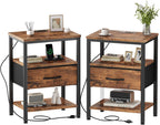 Nightstand Set of 2 with Wireless Charging Station Bed Side Tables with Adjustable Fabric Drawers 3-Tier Storage End Tables Modern Design,Black