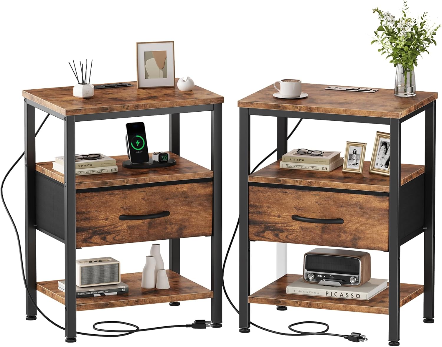 Nightstand Set of 2 with Wireless Charging Station Bed Side Tables with Adjustable Fabric Drawers 3-Tier Storage End Tables Modern Design,Black