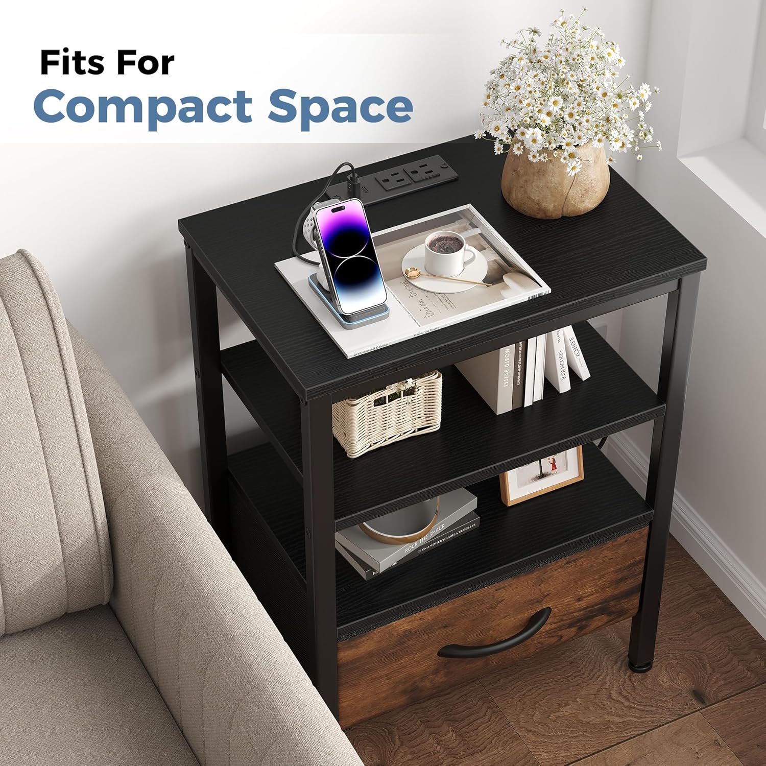 Nightstand with Charging Station, Bedside Tables with USB Ports and Fabric Drawer, Small Night Stand with Open Adjustable Shelf, Compact End Table for Bedroom, Black & Rust