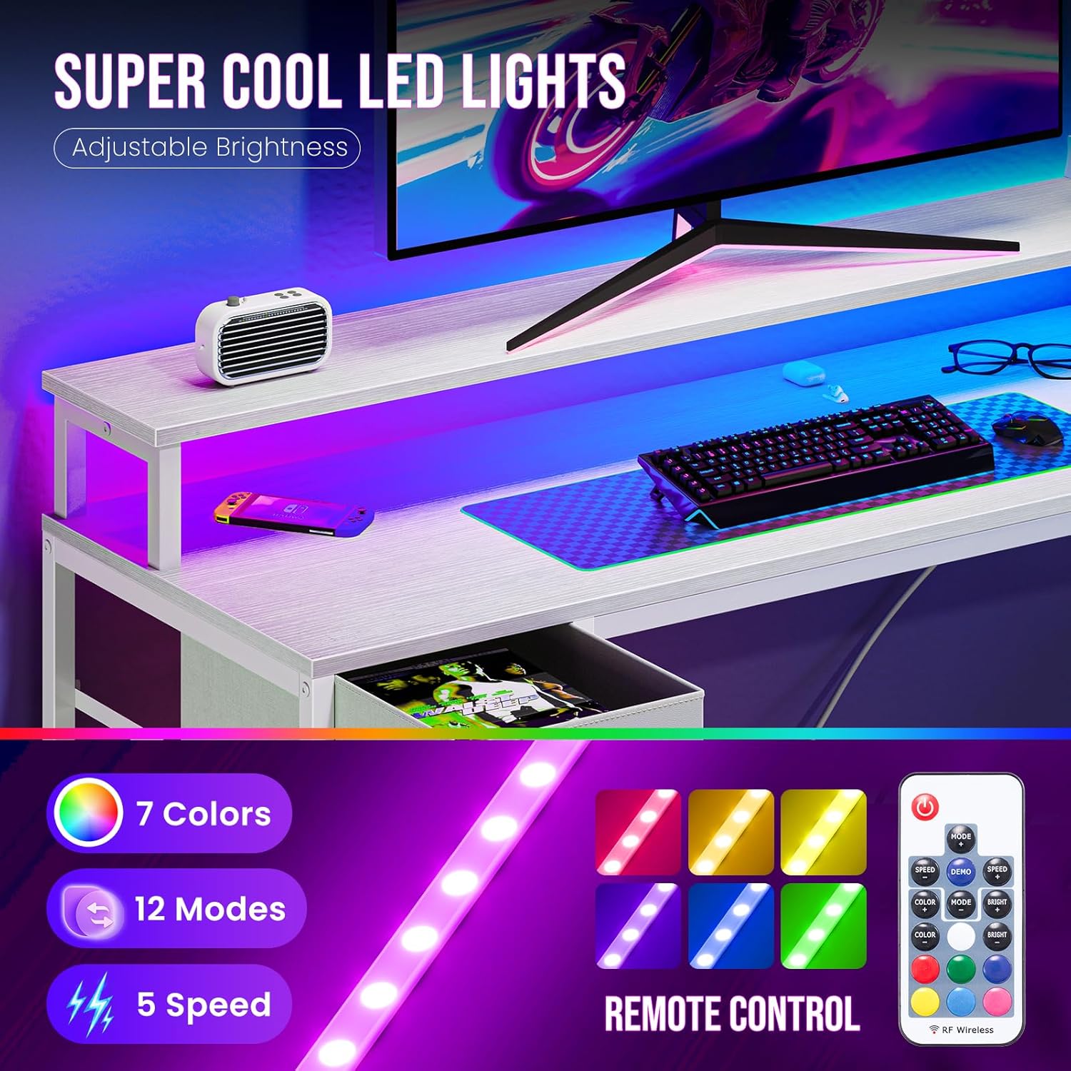 53?? Gaming Desk with USB Charging Ports & LED Lights, Reversible L Shaped Desks Computer Corner Gamer Table with Power Outlets Monitor Stand Storage Shelves for Home Office Small Space, White