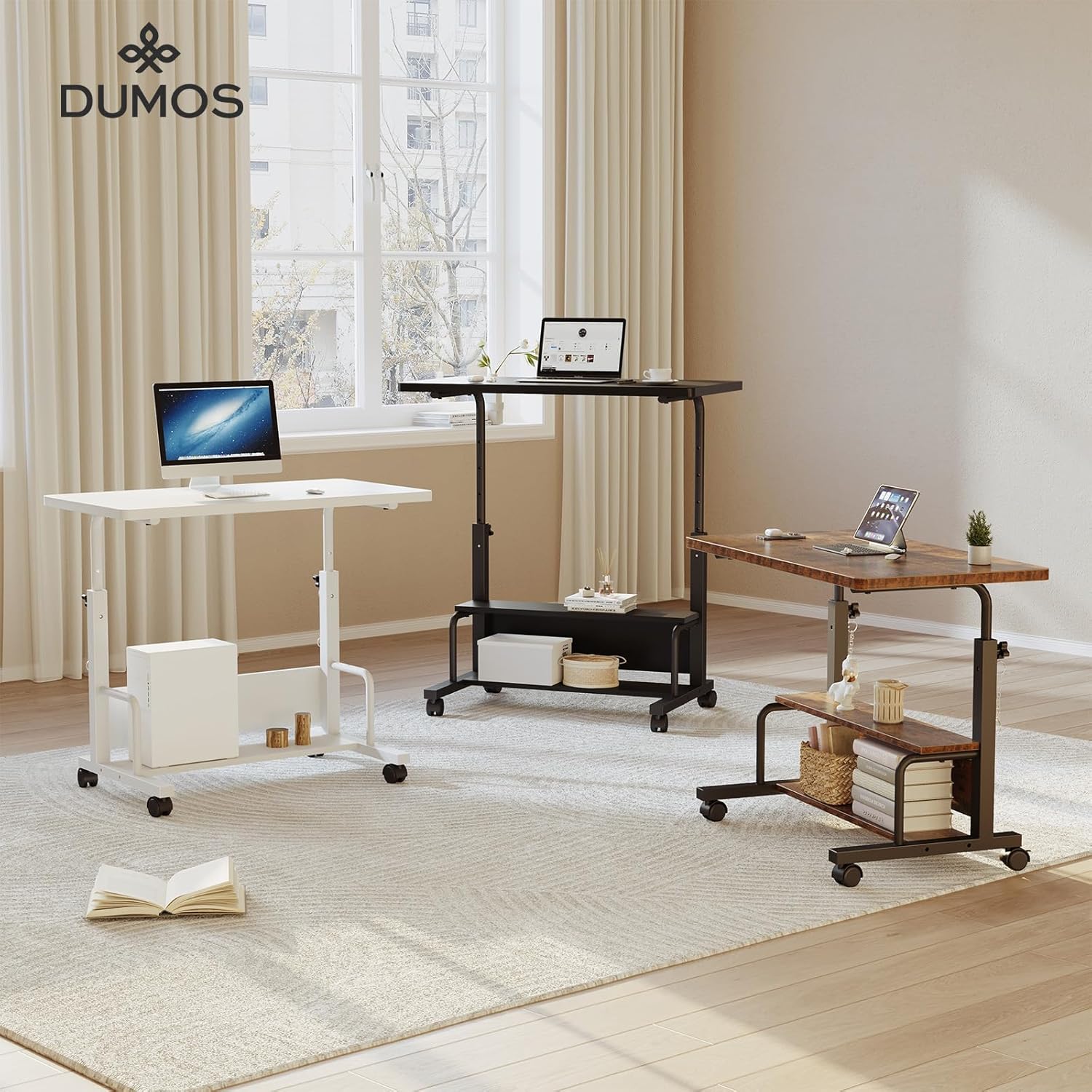 31.5 Manual Standing Desk, Height Adjustable Mobile Computer Desk with Lockable Wheels & 2-Tier Storage, Rolling Laptop Table for Small Spaces & Home Office, Rustic Brown