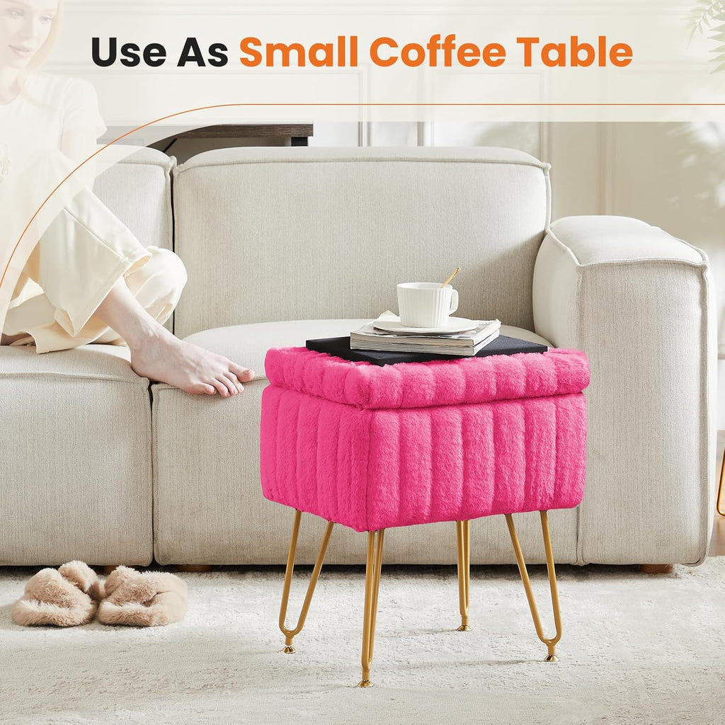 Vanity Stool Chair, Ottoman with Storage, Makeup Cute Soft Small Footstool, Modern Style Faux Fur Seat with 4 Metal Legs & Adjustable Feet for Dressing, Living Room, Bedroom, Dorm, Red