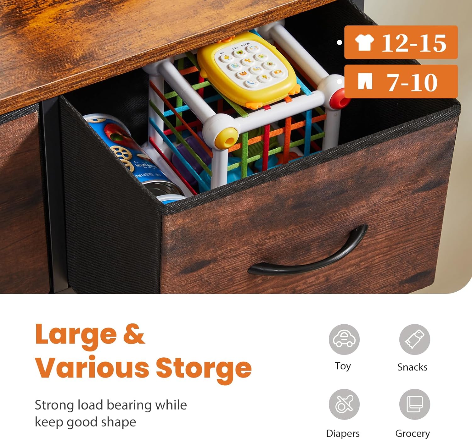 Dresser for Bedroom with 9 Storage Drawers, Large Fabric Storage Tower Organizer, Chest of Drawers with Metal Frame Wooden Top for Closet, Living Room, Entryway, Brown