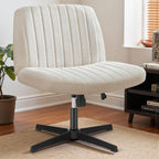 Criss Cross Chair No Wheels, Legged Office Desk Armless Chair Wide Seat, Adjustable Swivel Teddy Fabric Task Vanity Chairs for Home Bedroom, Beige