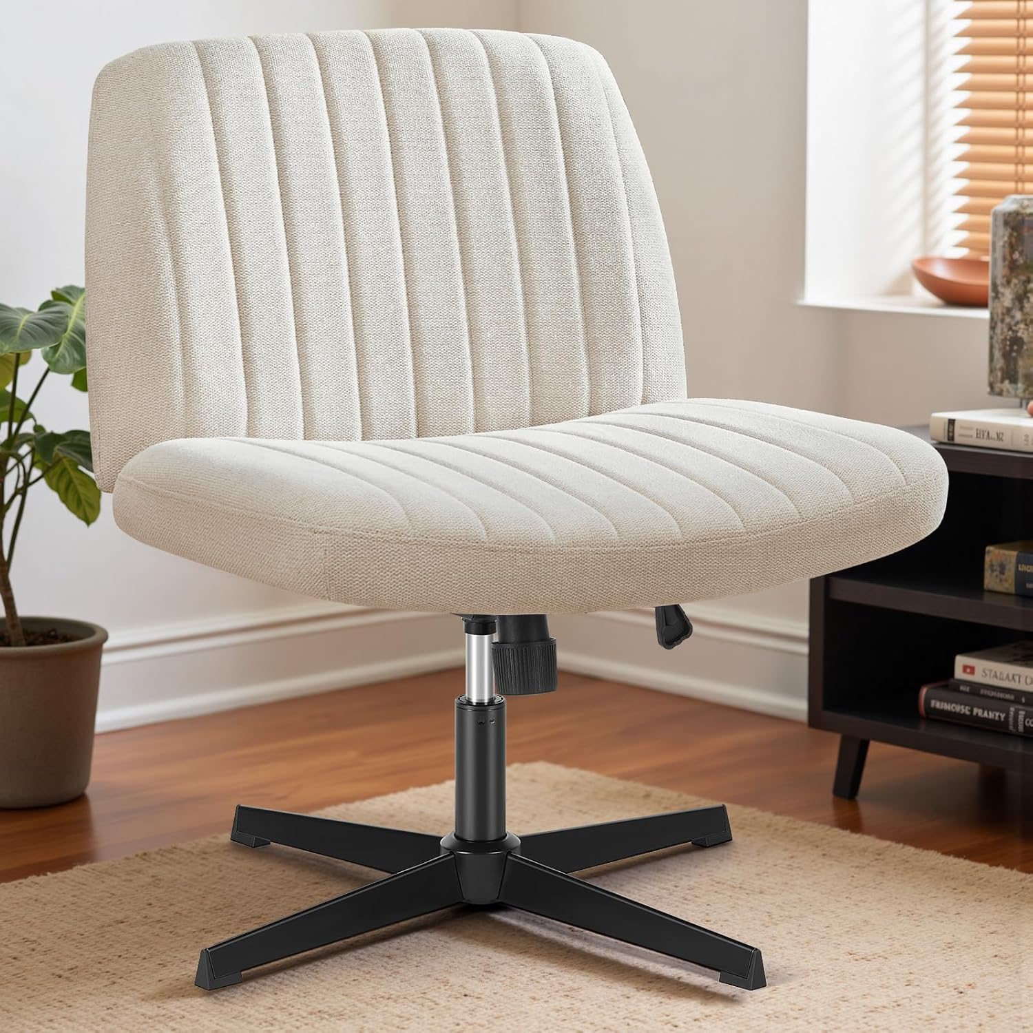 Criss Cross Chair No Wheels, Legged Office Desk Armless Chair Wide Seat, Adjustable Swivel Teddy Fabric Task Vanity Chairs for Home Bedroom, Beige