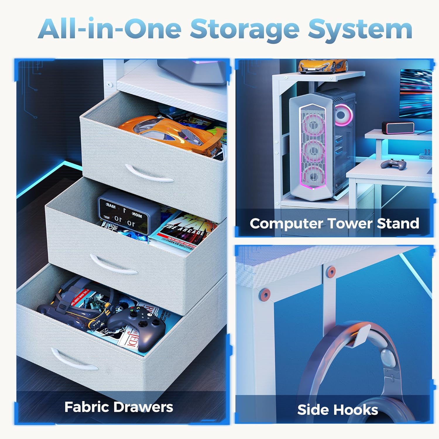 L Shaped Gaming Desk with Shelves Storage Drawers 52'', White Computer Desks with LED Lights Power Outlets, Office Wood Table with PC Stand Cable Management for Bedroom Dual Monitor Streaming