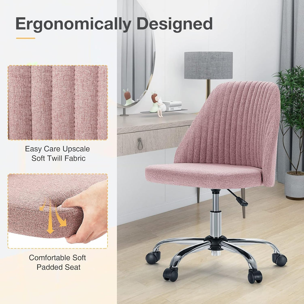 Armless Vanity Chair, Cute Comfy Home Office Desk Chair with Wheels, Modern Upholstered Task Computer Seat for Bedroom, Study, Makeup Vanity, Height Adjustable & Swivel Fit, Dusty Pink