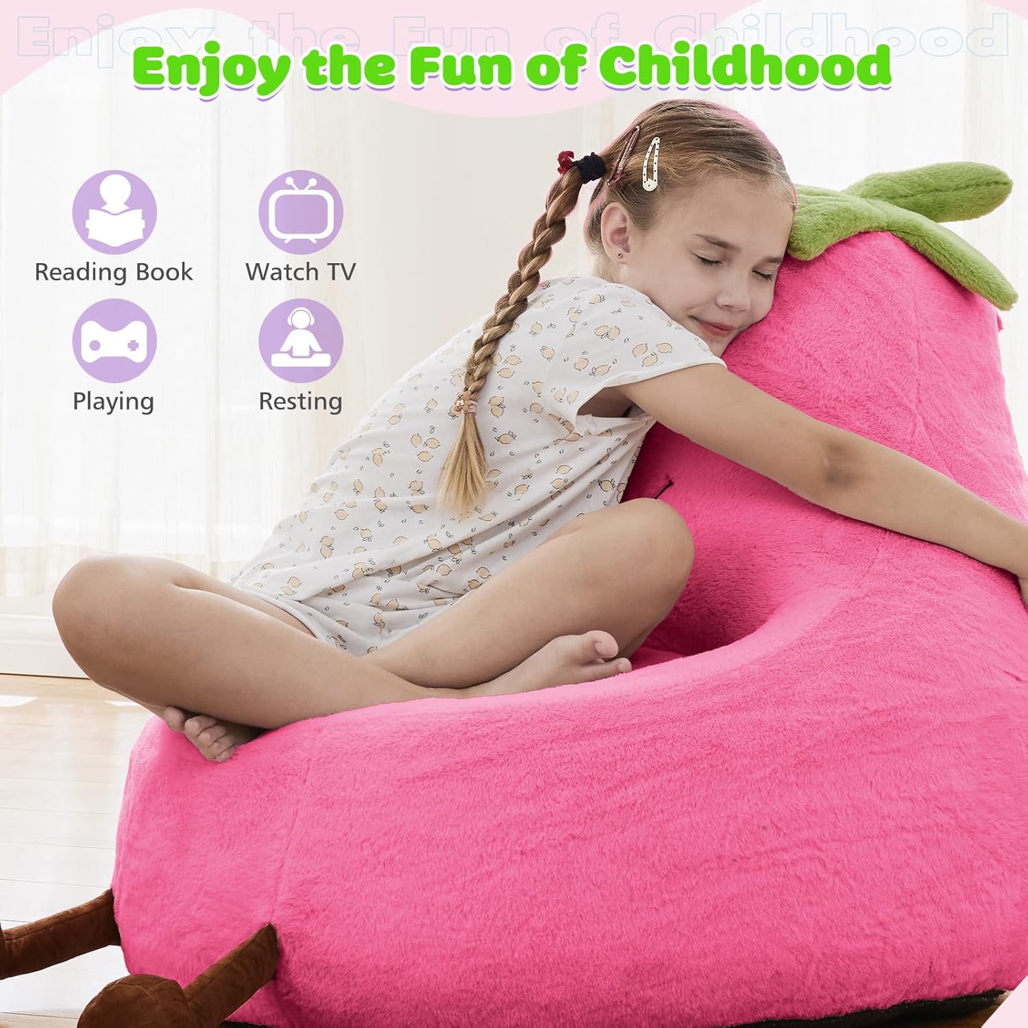 Kids Bean Bag Chair, Stuffed Toddler Couch with Faux Rabbit Fur Cover for Teens & Kids, Comfy Lazy Sofa Chair for Reader, Living Room, Bedroom, Aged 4-12 Years, 24 Inch, Rose Red