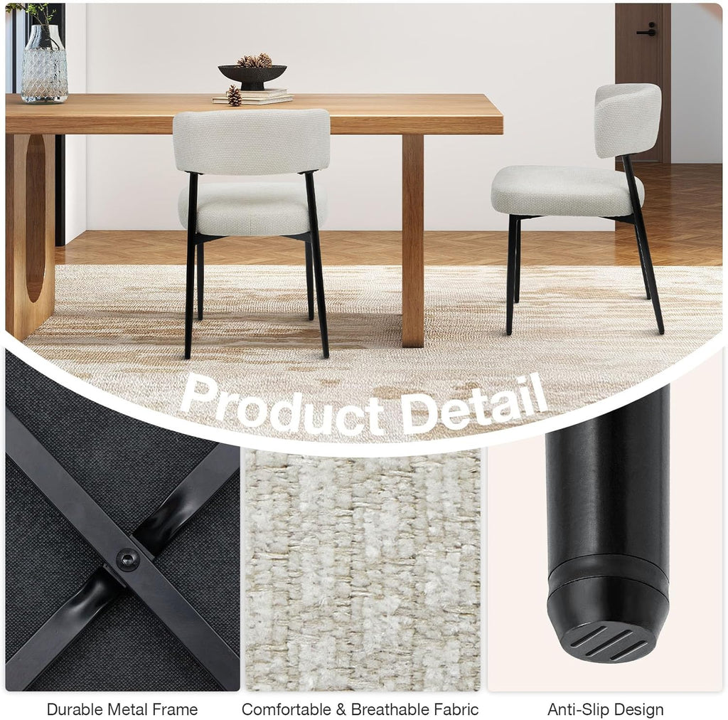 Dining Chairs Set of 4, Mid Century Modern Chair Round Upholstered Curved Backrest, Kitchen Vanity Living Room Chairs with Black Metal Legs, Beige