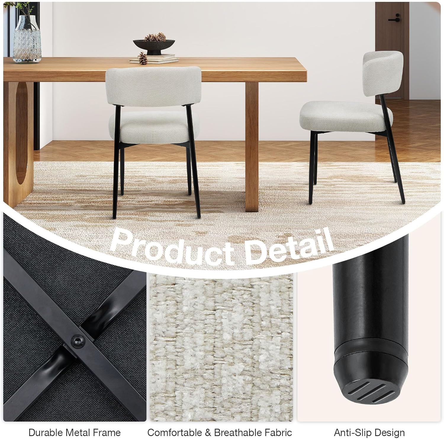 Dining Chairs Set of 4, Mid Century Modern Chair Round Upholstered Curved Backrest, Kitchen Vanity Living Room Chairs with Black Metal Legs, Beige