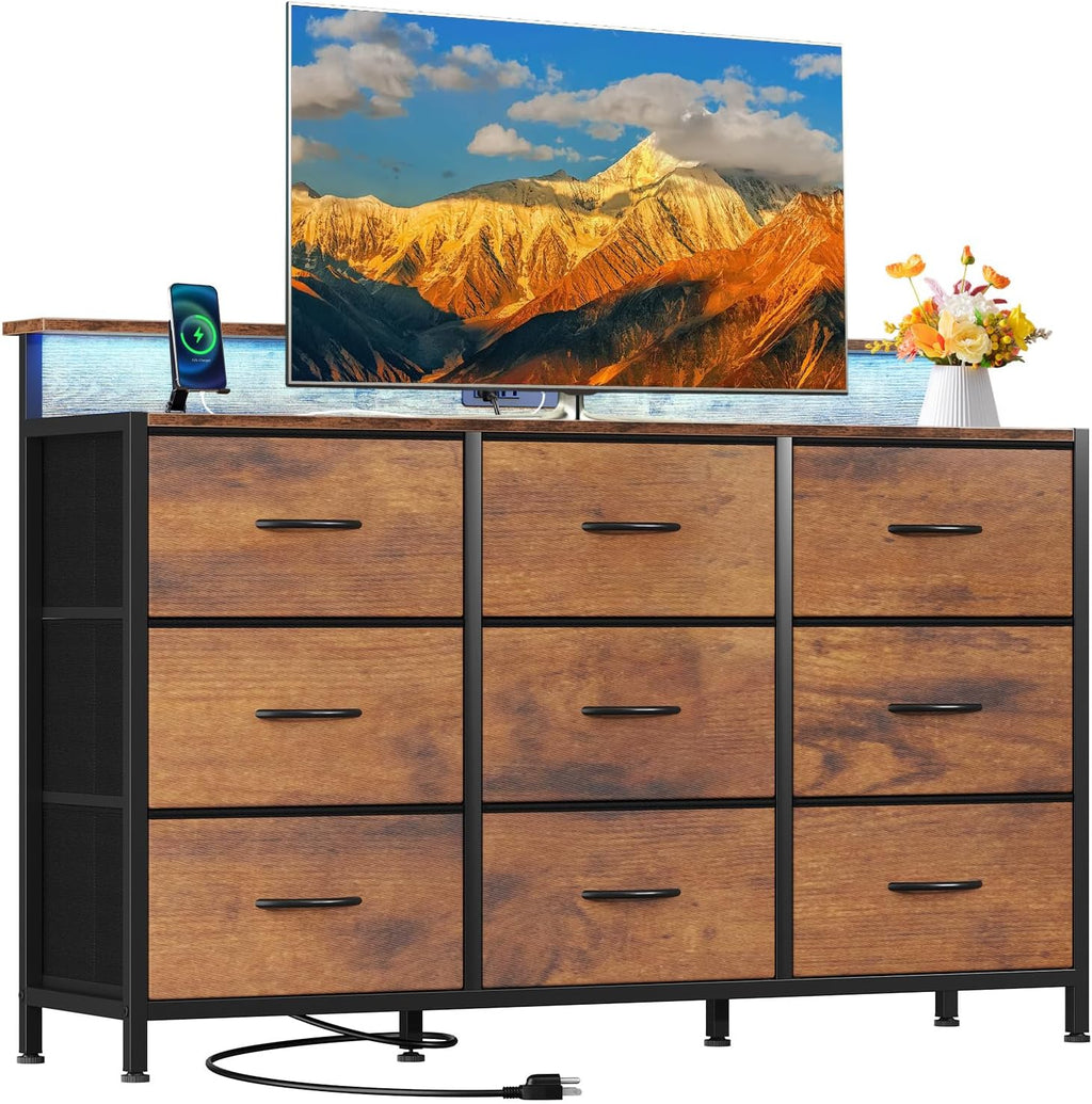 TV Stand Dresser with 9 Fabric Drawers and Open Shelves, Entertainment Center with LED Lights, Charging Station for Bedroom, Wood Top Media Console for 45-55 inch TV Stand with Storage, White