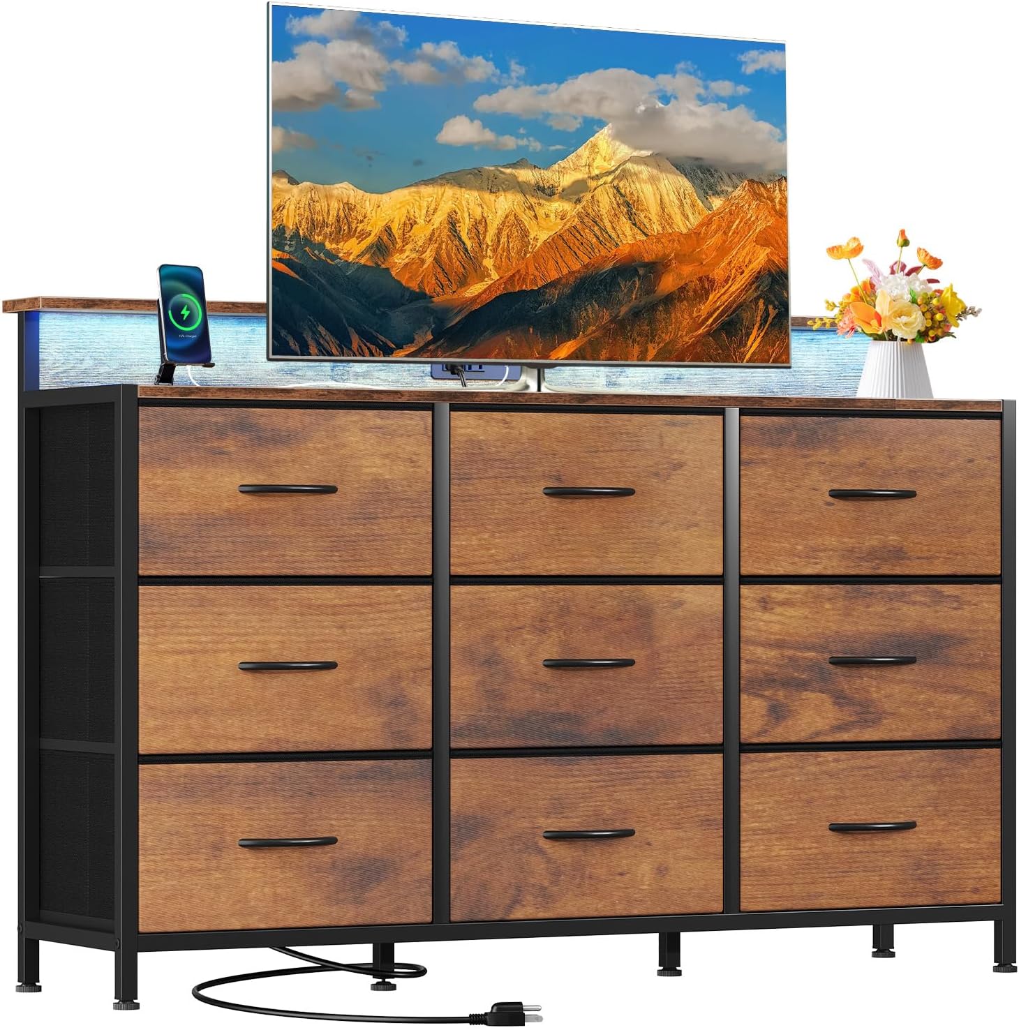 TV Stand Dresser with 9 Fabric Drawers and Open Shelves, Entertainment Center with LED Lights, Charging Station for Bedroom, Wood Top Media Console for 45-55 inch TV Stand with Storage, White