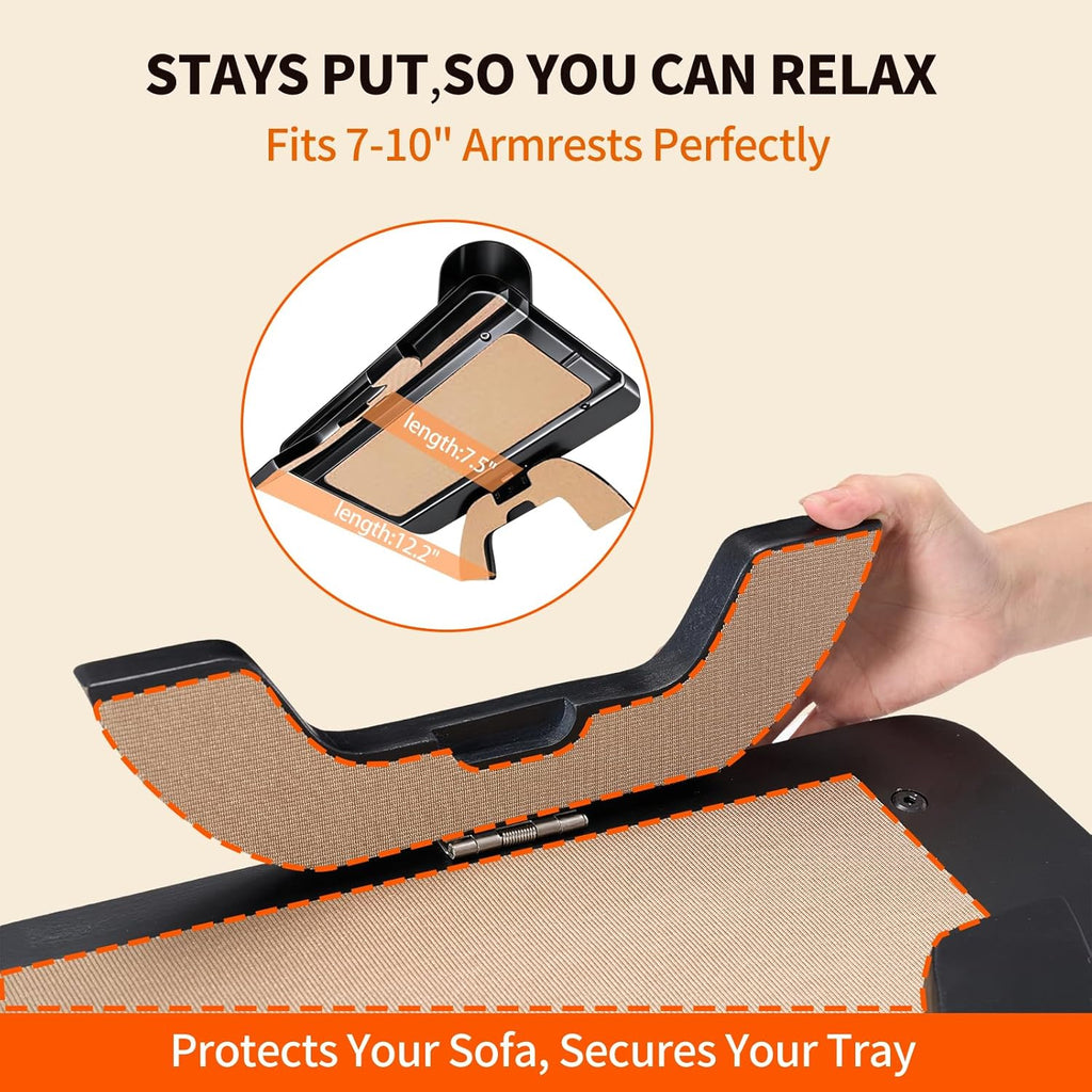 Couch Arm Tray, 3 in 1 Clip on Sofa Arm Tray with 360?? Rotating Phone Holder, Foldable Couch Armrest Table for Drinks & Snacks, Black