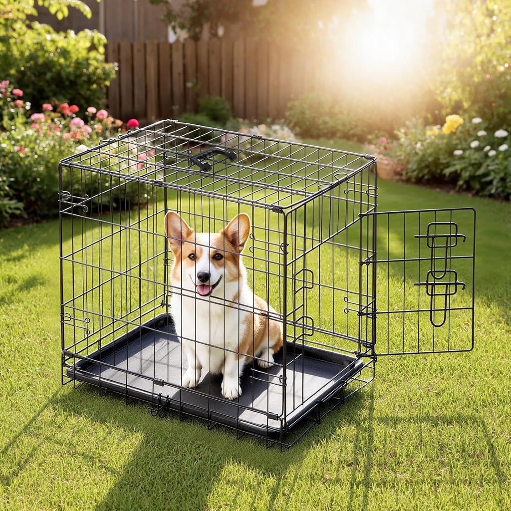 Dog Crate, 24 Inch Small Single Door Dog Cage with Plastic Leak-Proof Pan Tray, Folding Metal Wire Pet Kennel for Indoor, Outdoor, Travel