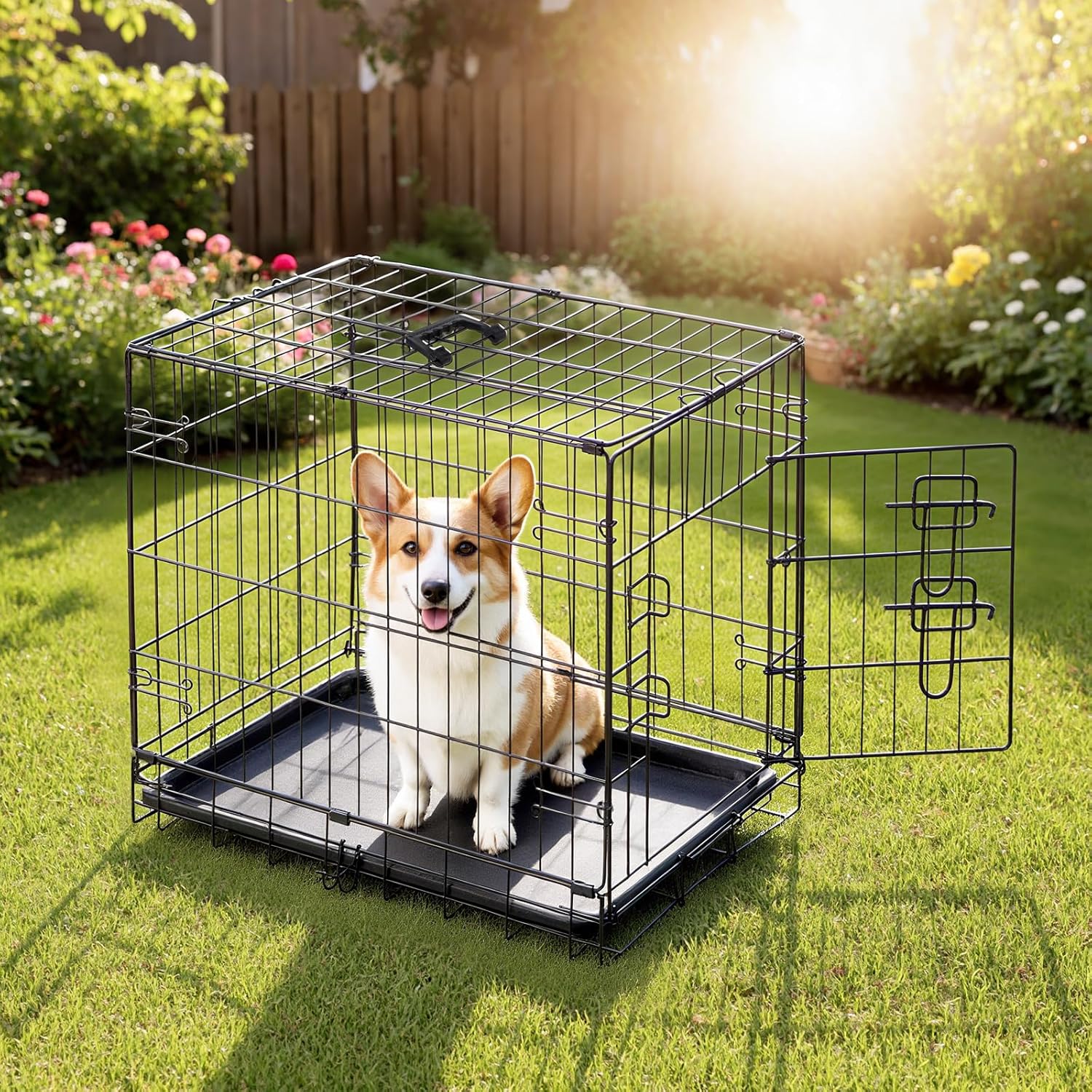 Dog Crate, 24 Inch Small Single Door Dog Cage with Plastic Leak-Proof Pan Tray, Folding Metal Wire Pet Kennel for Indoor, Outdoor, Travel