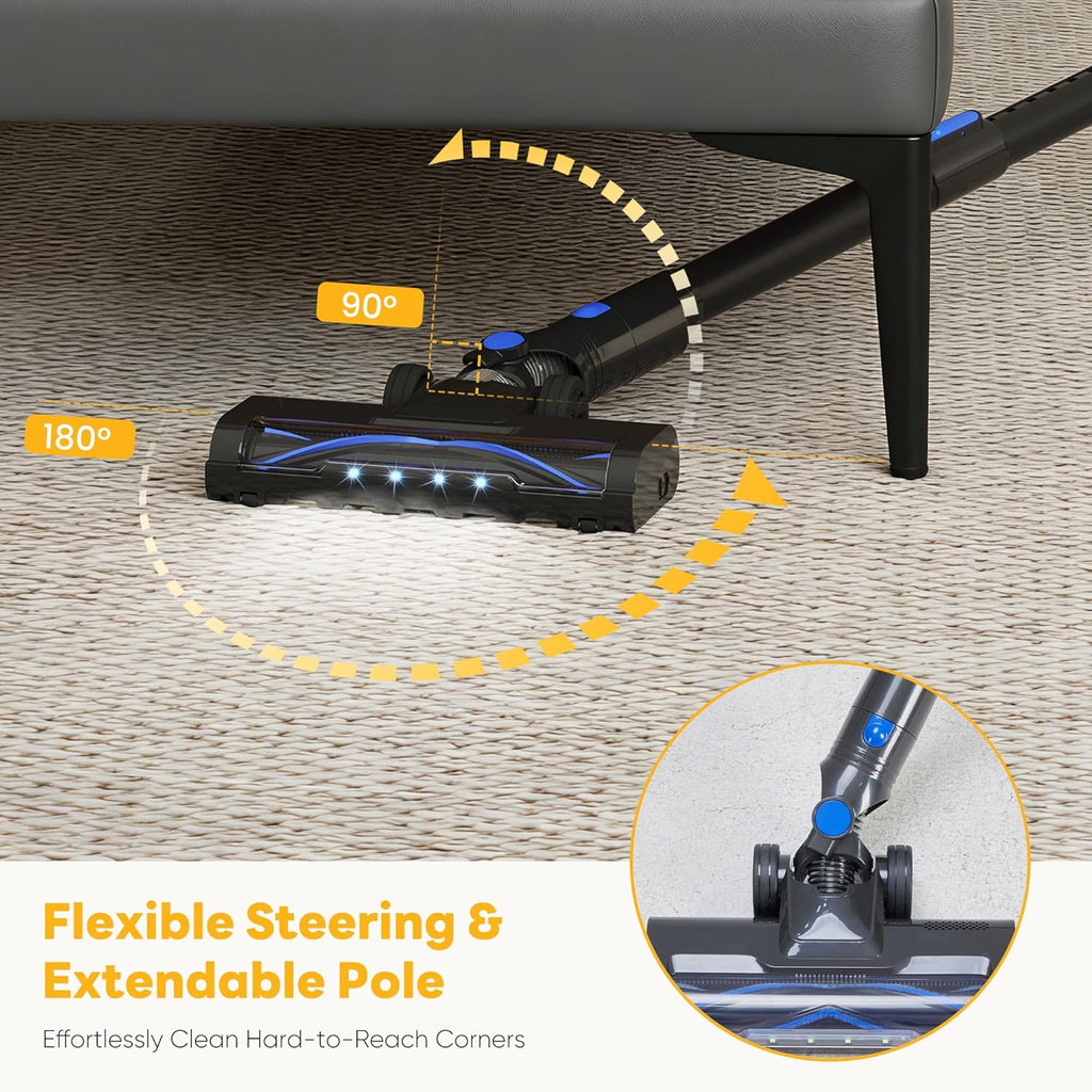 Cordless Vacuum Cleaner with Flexible Steering & Extendable Pole,3 Brush Heads, Lightweight Wireless Rechargeable Upright Vacuum with LED Light & Wall Mount for Hardwood Floors & Carpet