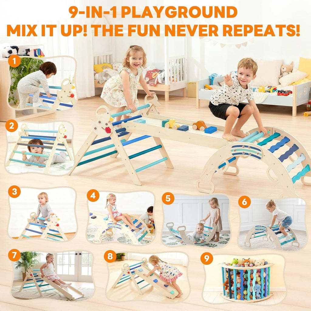 Pikler Triangle Set, Toddler Climbing Toys and Play Structure Indoor, 9-in-1 Wooden Montessori Climbing Set with Arch, Ramp and Ladder, Foldable Baby Jungle Gym