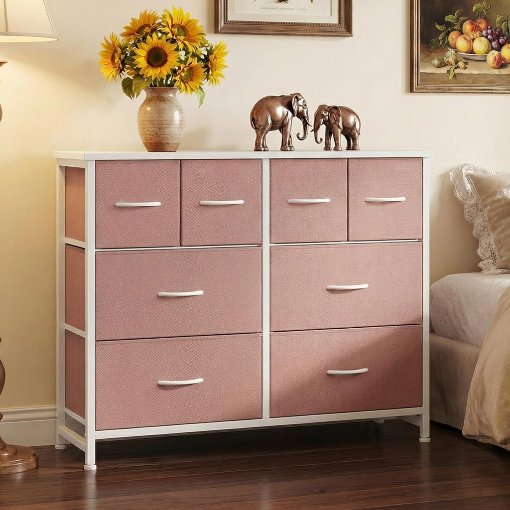 TV Stand, Dresser with 8 Fabric Drawers, Spacious Storage Tower for Closet, TV Stand with Wood Top and Mental Frame, Storage Unit for Living Rooms, Bedroom and Entryway, Pink