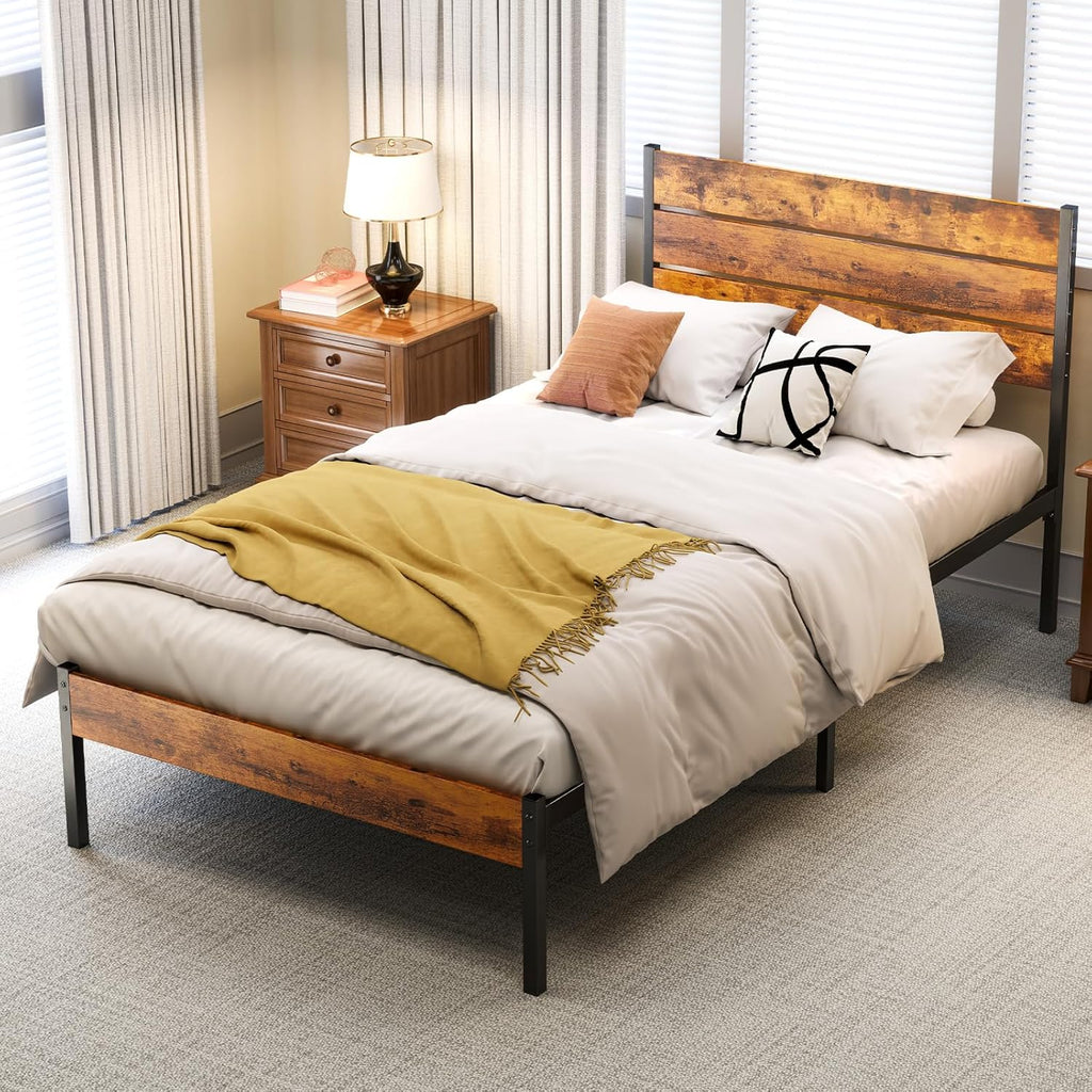 Twin Size Metal Platform Bed Frame - Mattress Foundation with Headboard and and Footboard, No Box Spring Needed with 700LBS Sturdy Wooden Slats Support, Noise Free, Easy Assembly
