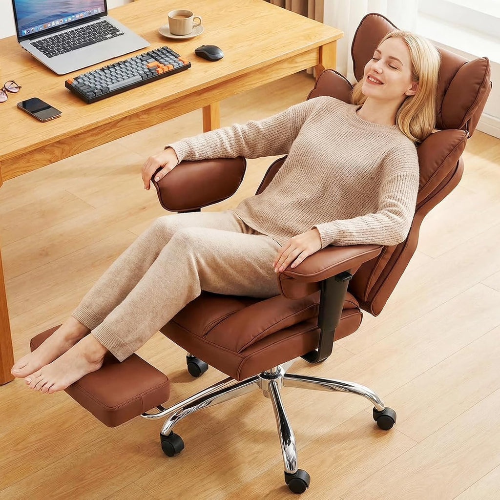 Big and Tall Home Office Desk Chair, Gaming Computer Chair, Executive Ergonomic Chair with Footrest, High Back Reclining, Adjustable Armrests and Comfy Lumbar Support, PU Leather, Brown