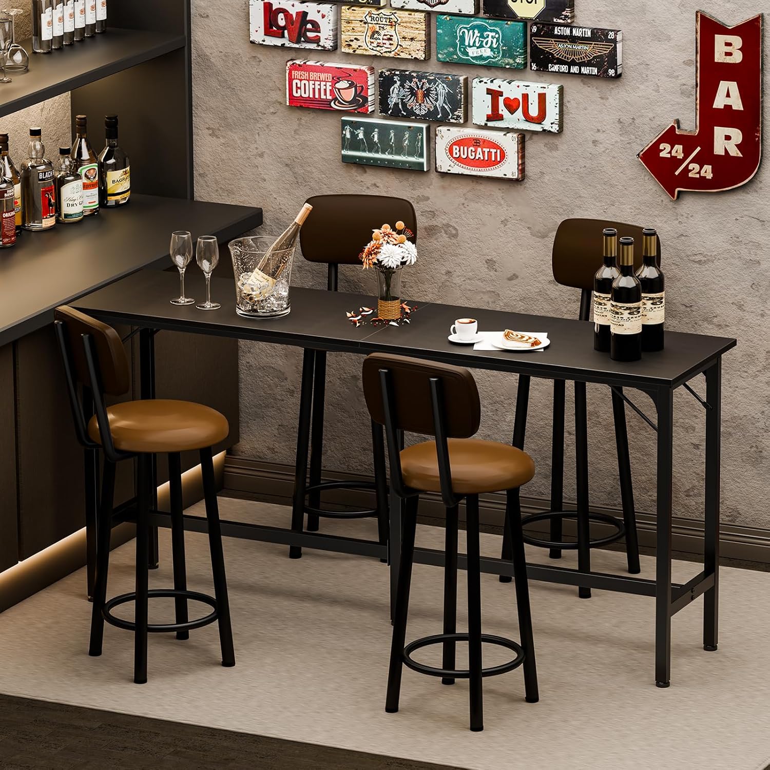 71 inch Bar Table, Counter Bar Height Pub Table, Rectangular High Top Coffee Table, Narrow Long Kitchen & Dining Tables with Triangular Reinforced Structures and Centre Column Support, Black