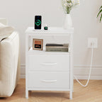 Nightstands Set of 2 with Charging Station, Bedside Table with USB Ports & Type-C, 2 Fabric Drawers Night Stand with Open Shelf, Compact End Table for Bedroom, White