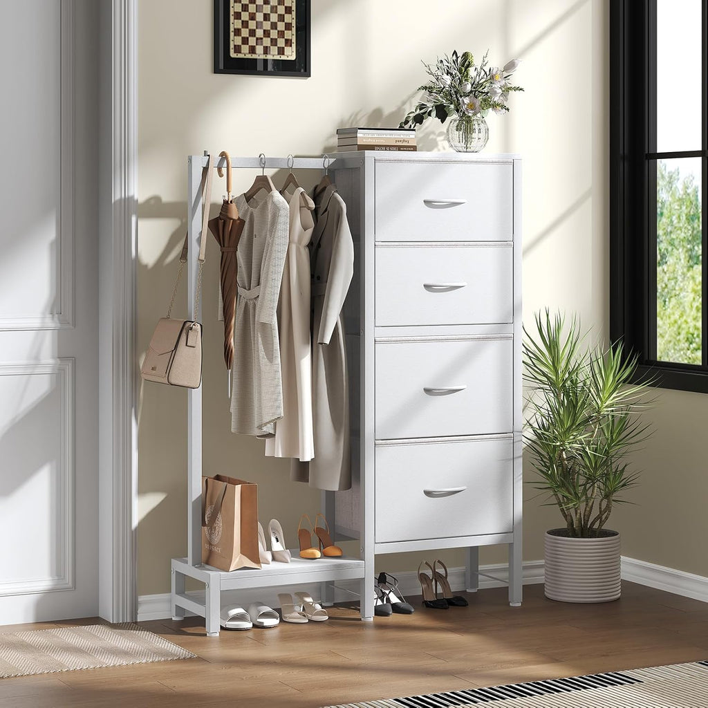 Dresser with Hanging Rack, 4-in-1 White Fabric Dresser for Bedroom, Closet Organizer with Clothes Rack, Shoe Rack & Hooks, Tall Storage Tower for Small Spaces, Apartment, Dorm, Entryway
