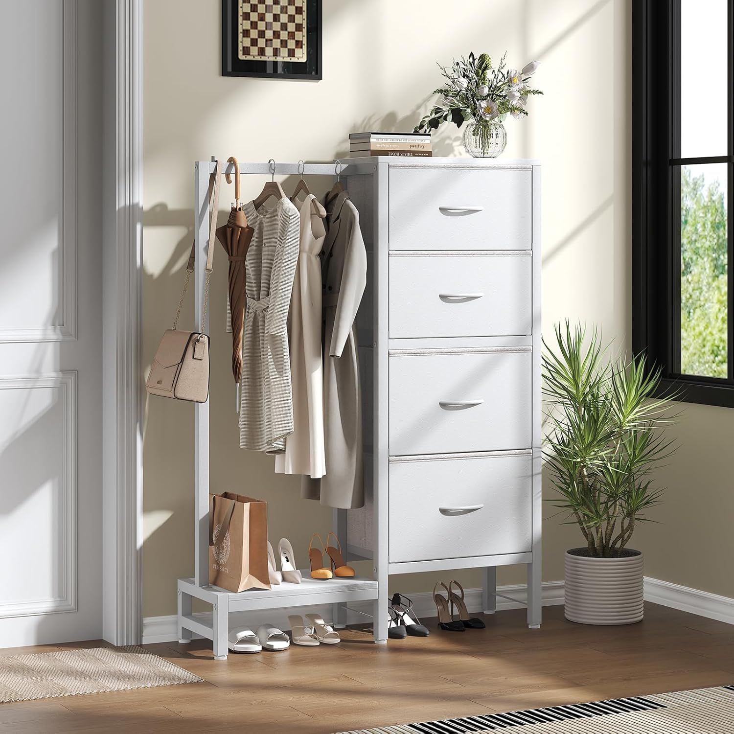Dresser with Hanging Rack, 4-in-1 White Fabric Dresser for Bedroom, Closet Organizer with Clothes Rack, Shoe Rack & Hooks, Tall Storage Tower for Small Spaces, Apartment, Dorm, Entryway