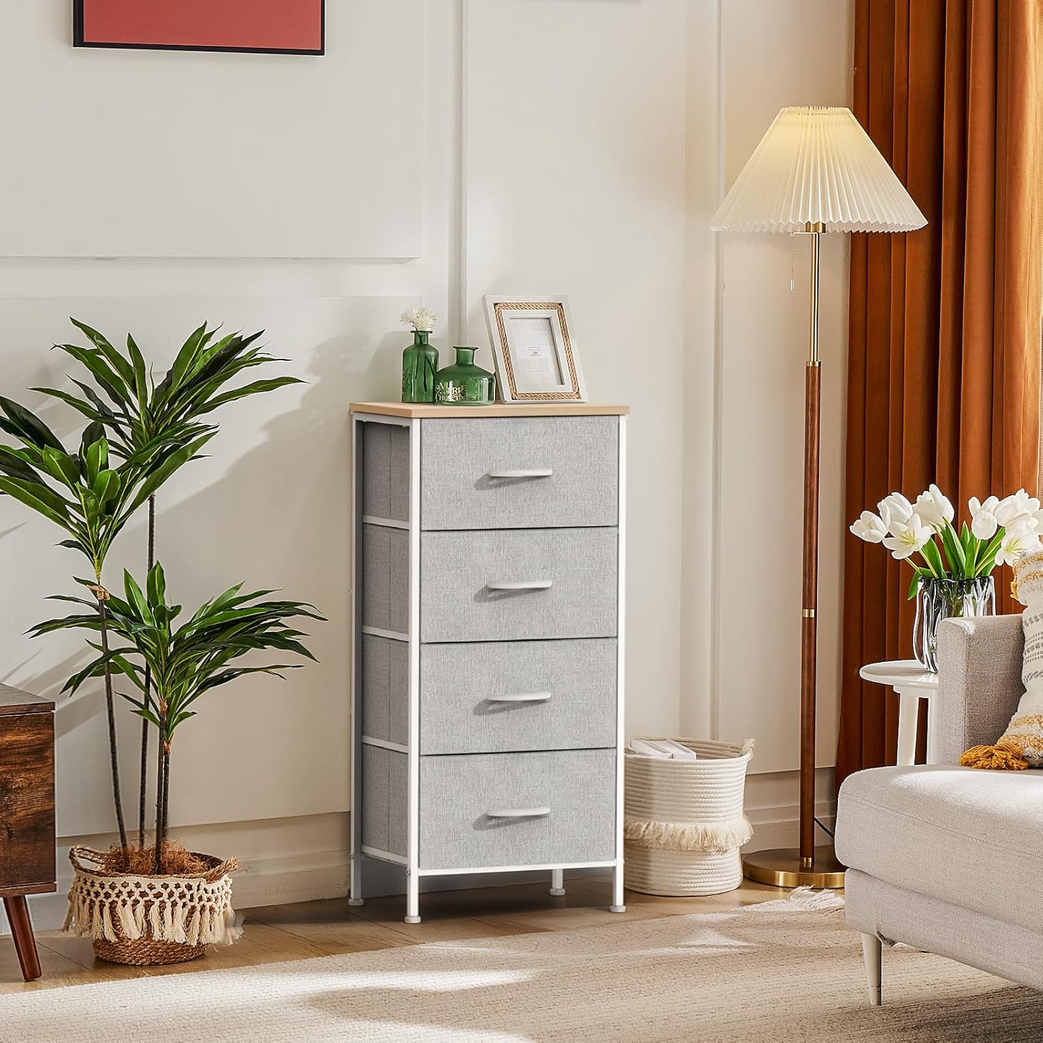 Nightstand with 4 Drawers Bedside Table with Removable Fabric Bins Sturdy Steel Frame Wood Top Organizer Furniture for Bedroom Closet Living Room,Light Gray