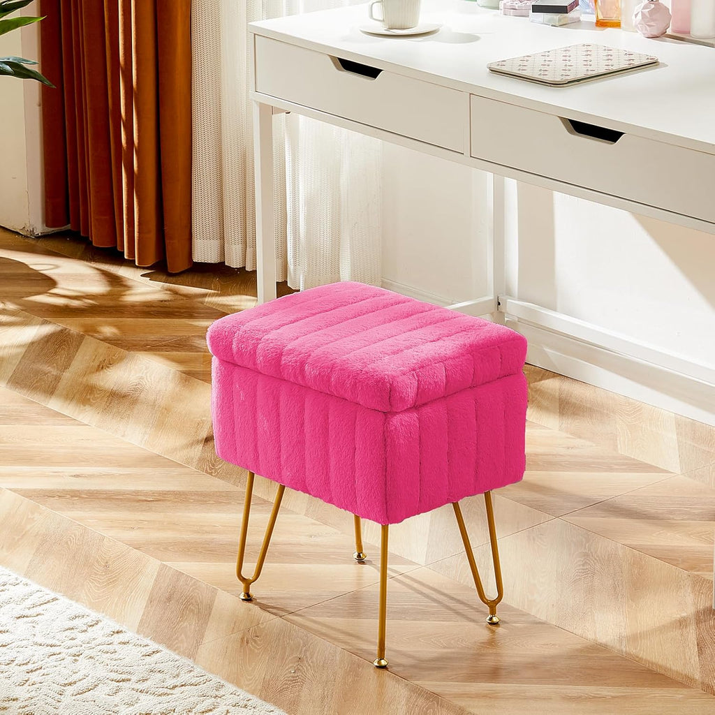 Vanity Stool Chair, Ottoman with Storage, Makeup Cute Soft Small Footstool, Modern Style Faux Fur Seat with 4 Metal Legs & Adjustable Feet for Dressing, Living Room, Bedroom, Dorm, Red