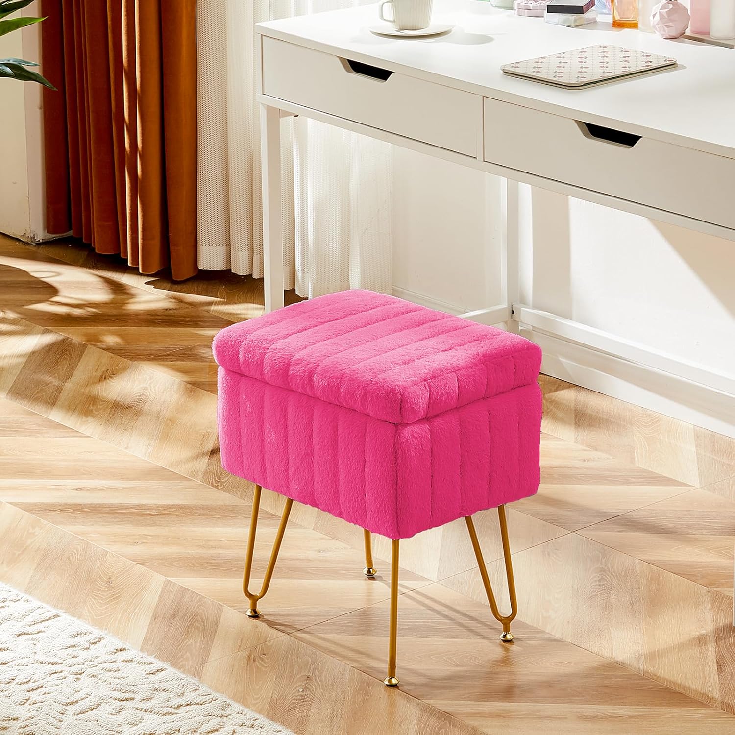 Vanity Stool Chair, Ottoman with Storage, Makeup Cute Soft Small Footstool, Modern Style Faux Fur Seat with 4 Metal Legs & Adjustable Feet for Dressing, Living Room, Bedroom, Dorm, Red