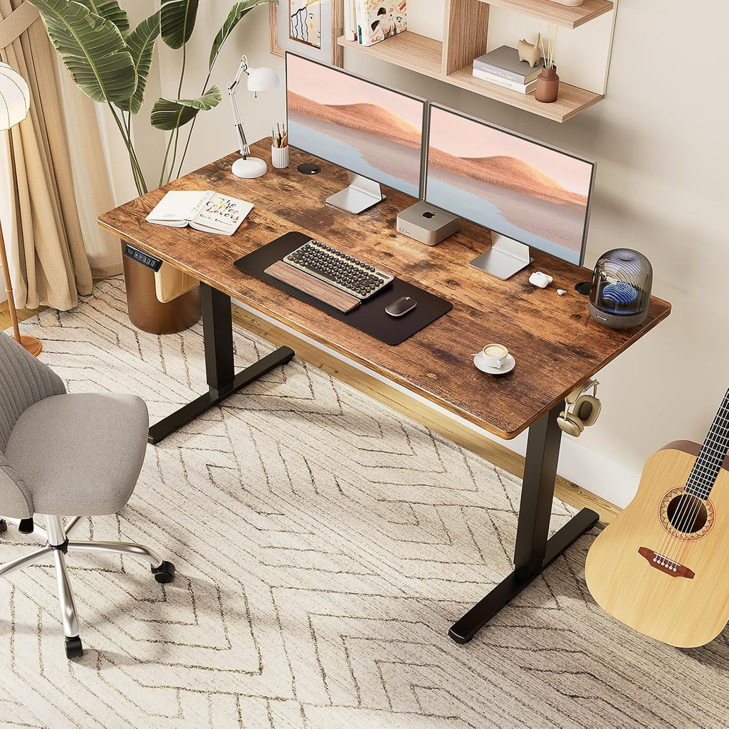 Electric Standing Desk Adjustable Height, 63x24 Inch Sit Stand Up Home Office Desks Memory Computer Workstation PC Work Table with Preset Splice Wood Board Metal Frame, Rustic