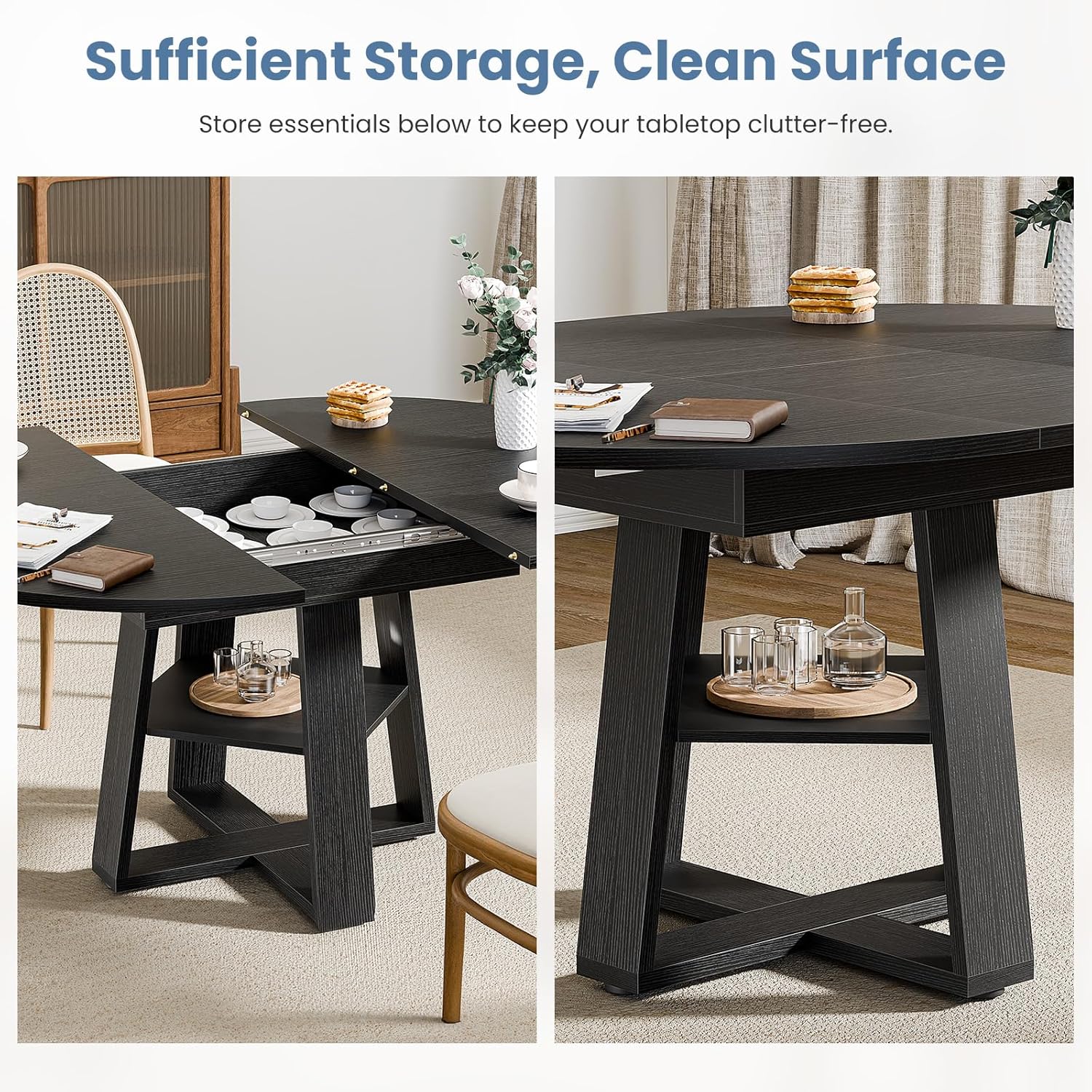 Extendable Round Dining Table for 4-8, Modern Kitchen Oval Dinner Table with Storage Shelf, Wood Pedestal Table, Space Saving Modern Style, Black