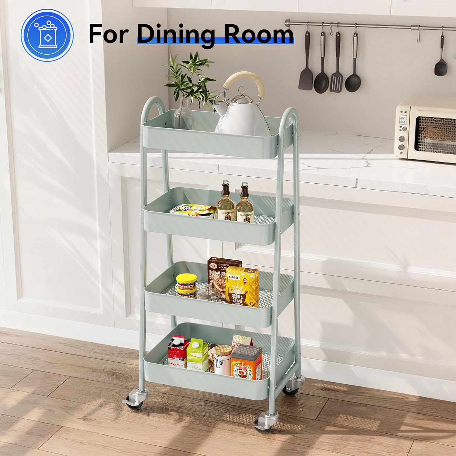 4-Tier Metal Rolling Cart with Lockable Wheels - Mobile Storage Organizer, Utility Shelving Unit for Kitchen, Office, Bathroom, Laundry, Narrow Places, Green