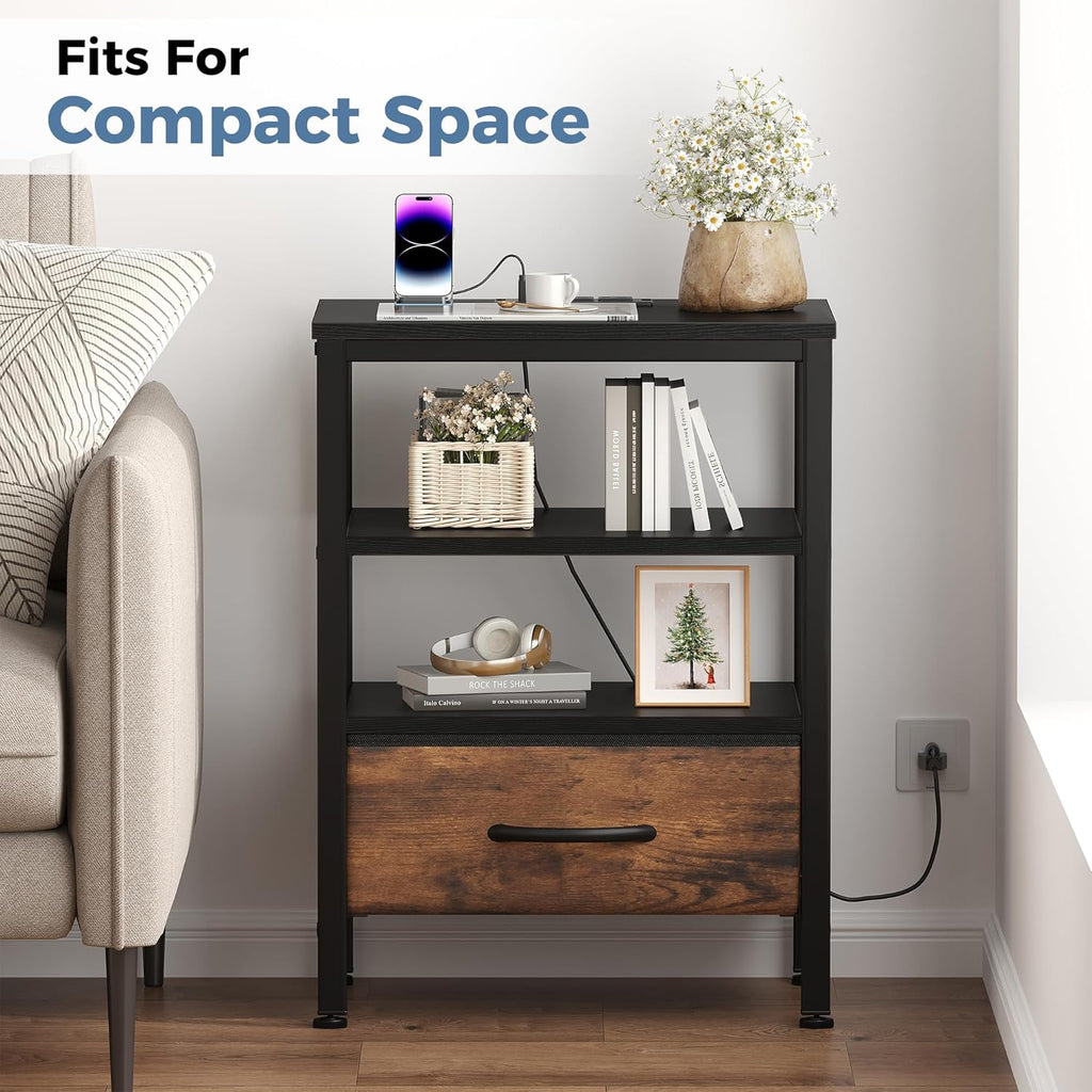 Nightstands Set of 2 with Charging Station, Bedside Table with USB Ports & Type-C, 2 Fabric Drawers Night Stand with Open Shelf, Compact End Table for Bedroom, Rustic Brown